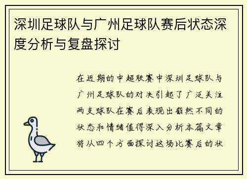 深圳足球队与广州足球队赛后状态深度分析与复盘探讨